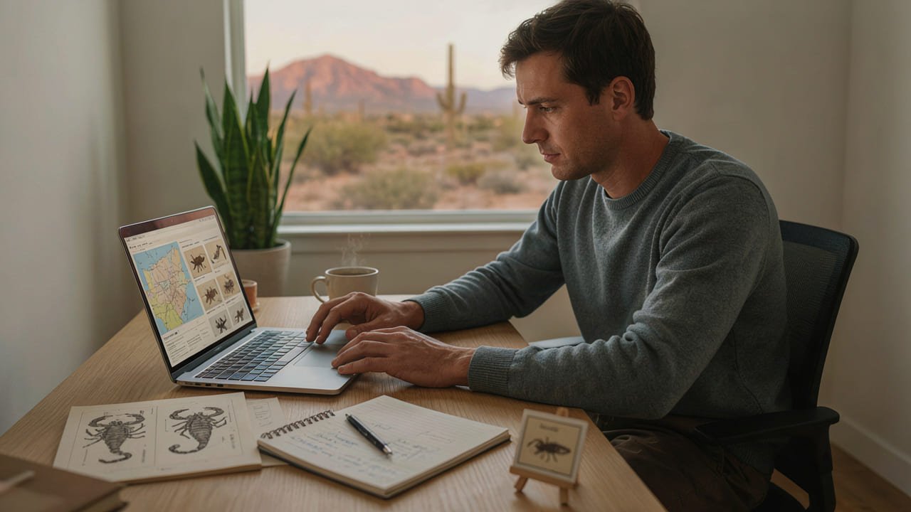 Person researching scorpion identification and safety resources on a laptop