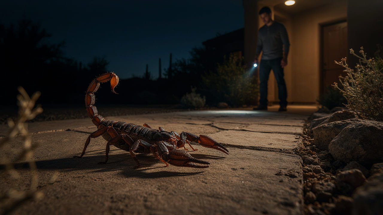 Scorpion near a home at night while a person observes it safely